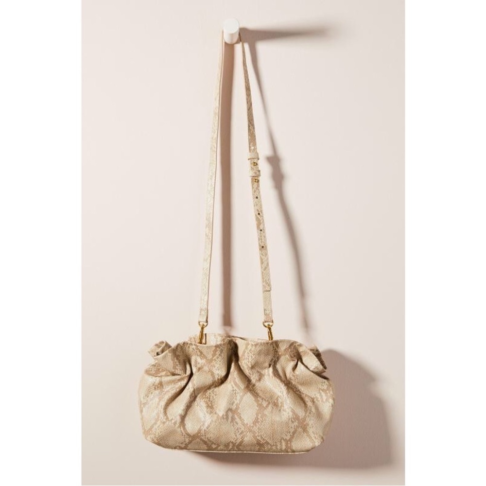 Anthropologie Jory Clutch Purse Crossbody Bag Ruffle Python Snakeskin Beige